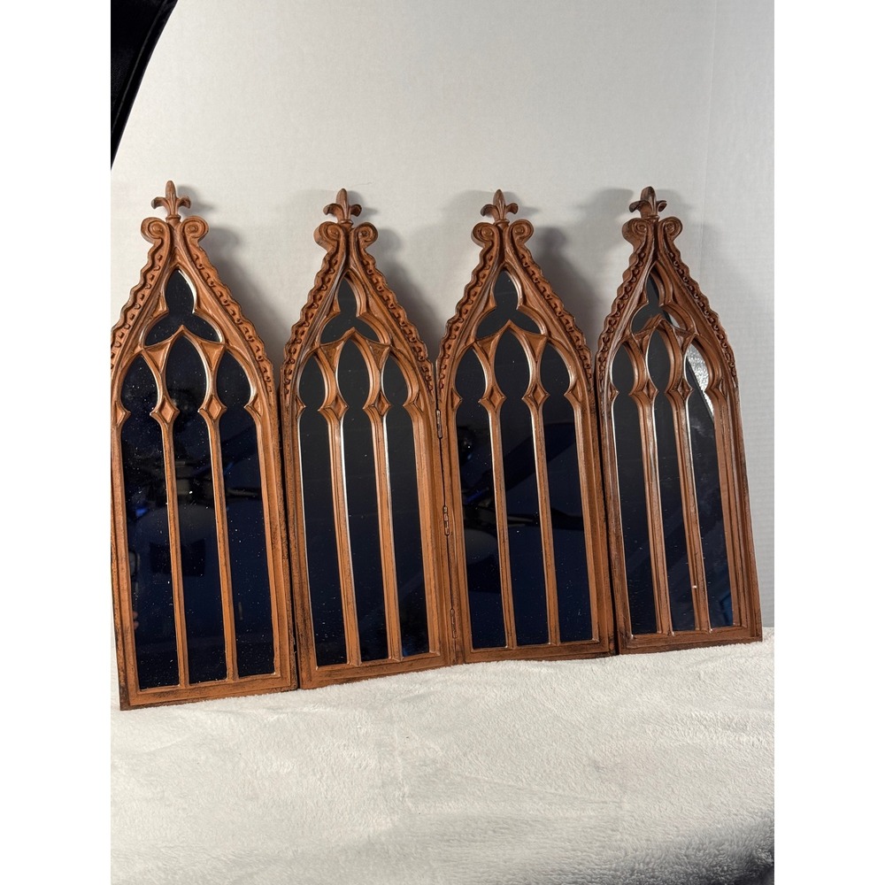 Gothic Cathedral 4 Panel Folding Mirror 17" x 23" Antiqued Bronze Tabletop NEW